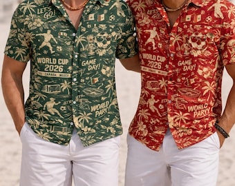 Camiseta hawaiana del Mundial 2026, camiseta vintage para aficionados al fútbol, camiseta tropical para fiestas de fútbol, camisa de verano con botones para el día del partido de EE. UU., Canadá y México.
