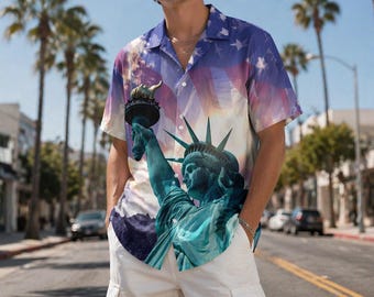 Statue of Liberty Hawaiian Shirt, USA 250th Anniversary Shirt, Patriotic Aloha Shirt, 4th of July, Summer Beach Shirt