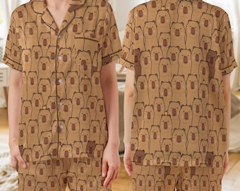 Cute Capybara Pajama Set for Women, Kawaii Animal Sleepwear, Matching Lounge Set, Soft Comfy Nightwear Gift for Her