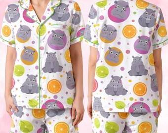 Hippo Pajamas Set, Retro Hippo Lover Pajamas, Women's Loungewear, Hippo Satin Pajama Set, Hippo Shirt, Gnomes tee, Hippo Pajama Tee