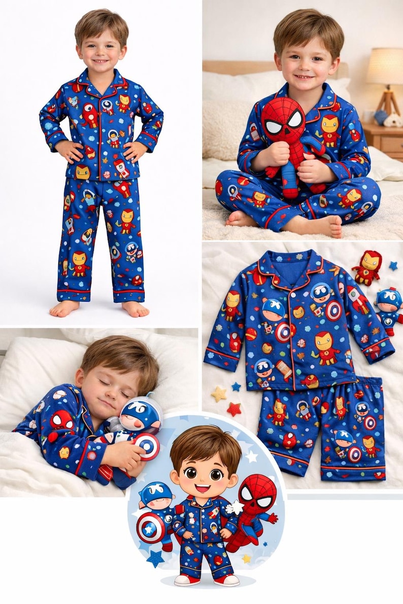 Puede incluir: Conjunto de pijama azul con varios personajes de superh&eacute;roes. La parte superior de manga larga y los pantalones tienen un ribete rojo. El pijama se muestra en un ni&ntilde;o peque&ntilde;o, y tambi&eacute;n con peluches de superh&eacute;roes.