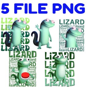 May include: A digital graphic featuring five cartoon lizards in various poses. The lizards are light green with large eyes and are set against a white background. The text "5 FILE PNG" is at the top in blue.