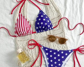 Stringbikini met Amerikaanse vlag, badpak met Amerikaanse vlag, patriottische rood-witblauwe bikini, 4 juli-badmode, triangelbikini met sterren en strepen