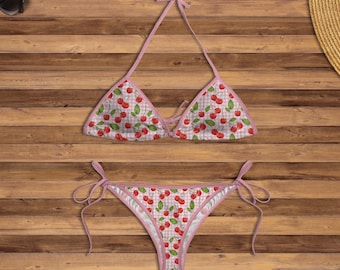 Komplet bikini z nadrukiem wiśniowym, uroczy kostium kąpielowy z kokardką wiśniową, trójkątny kostium kąpielowy z wiązaniem po bokach w stylu retro Y2K, letni strój kąpielowy plażowy dla kobiet