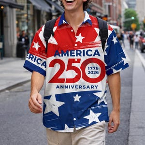 Patriotic 250 Anniversary Hawaiian Shirt, Red White Blue Star Shirt, Independence Day Outfit, Summer Vacation Beach Shirt