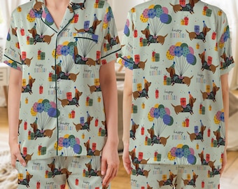 Cute Dog Birthday Pajama Set for Women, Cute Puppy Party Sleepwear, Funny Dog Print PJs, Gift for Dog Lover, Matching Birthday Outfit