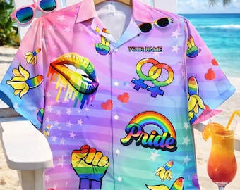 Custom Pride Hawaiiaans shirt, gepersonaliseerde LGBTQ-regenboog button-up, bijpassende Pride-outfit voor paar, uniseks zomerstrandfeestshirt cadeau