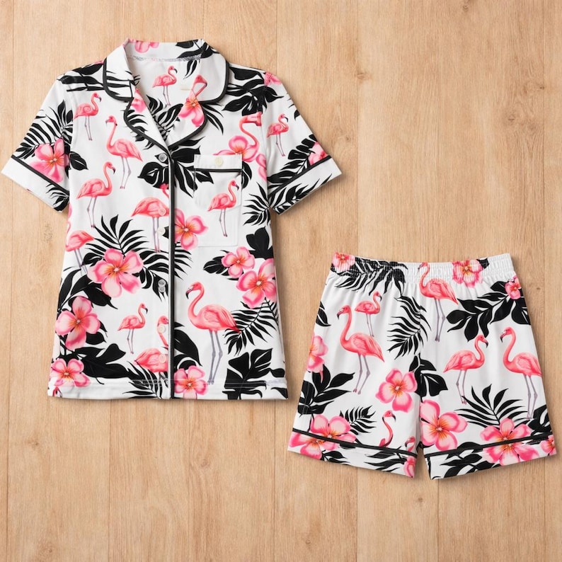 Tropical Pajama Set for Women, Flamingo Pineapple Floral Sleepwear, Short Sleeve Button Down Cute Summer Loungewear Pajamas image 3
