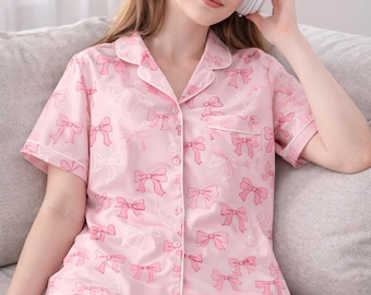 Leuke pyjamaset met strik voor dames, roze blauw lint nachtkleding, pyjama met korte mouw met knopen, zachte zomerloungewear, cadeau voor haar, pyjama voor bruidsmeisjes
