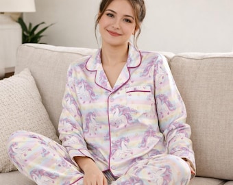 Schattige eenhoornpyjamaset voor vrouwen, pastelpaarse nachtkleding, kawaii eenhoornpyjama, gezellige nachtkleding cadeau voor haar, zachte loungeset