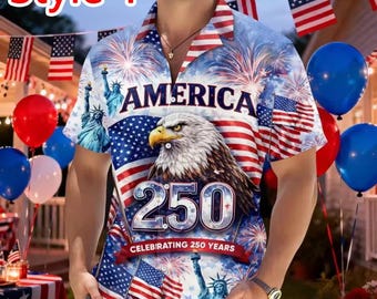 Celebrating 250th Anniversary United States Hawaiian Shirt 4th Of July Gift Men's Short Sleeve Casual Button Up Surfing Shirts, USA 250th