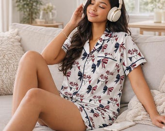 Patriotic Bow Pajama Set for Women, 4th of July Sleepwear, 250th pajama Cute Summer PJs, Matching Loungewear, Gift for Her, Soft Button Set