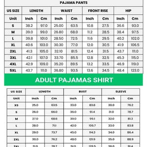 Puede incluir: Tabla de tallas detallada para pantalones de pijama con estampado integral y camisas de pijama para adultos. Las medidas est&aacute;n en pulgadas y cent&iacute;metros para largo, cintura, busto y manga, de XS a 5XL.
