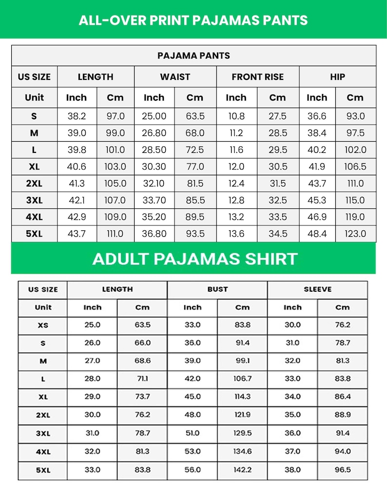 Puede incluir: Tabla de tallas detallada para pantalones de pijama con estampado integral y camisas de pijama para adultos. Las medidas est&aacute;n en pulgadas y cent&iacute;metros para largo, cintura, busto y manga, de XS a 5XL.