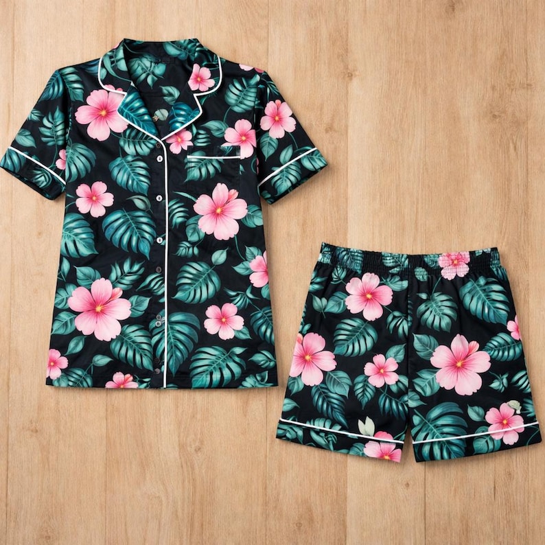 Tropical Pajama Set for Women, Flamingo Pineapple Floral Sleepwear, Short Sleeve Button Down Cute Summer Loungewear Pajamas image 4