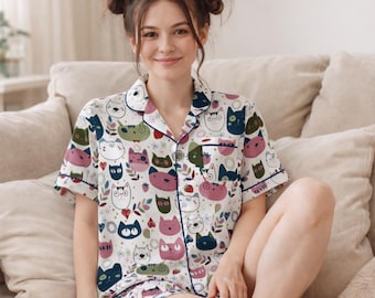 Cute Cat Pajama Set Women, Funny Kitty Sleepwear, Short Sleeve Button Up PJs, Gift for Cat Lovers, Soft Lounge Set