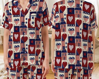 Patriotic Pajama Set Women, USA Flag Heart Print Sleepwear, 4th of July PJs, Summer Short Sleeve Lounge Set, Gift for Her
