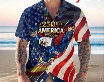 USA 250th Independence Day Hawaiian Shirt, 1776 2026 Patriotic Eagle Button Up Summer Beach Aloha Shirt For Men Clothing, 4th of July Hawaii