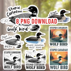Pode incluir: Um conjunto de autocolantes com ilustrações de mergulhões a preto e branco. Os autocolantes incluem os textos "Stupid Canadian" e "Wolf Bird". Alguns autocolantes têm um fundo de pôr do sol.