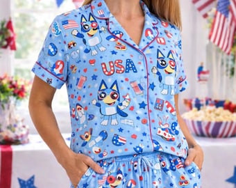 Amerikaanse rood-wit-blauwe pyjama voor 4 juli, pyjama voor 4 juli, patriottische rood-wit-blauwe nachtkleding, Americana pyjama met korte mouwen