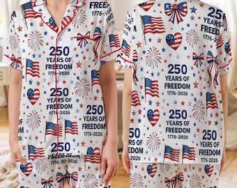 USA 250th Anniversary Pajama Set, USA Flag Coquette Bow Patriotic PJs, America 1776-2026 Sleepwear 4th Of July Pajamas Independence Day PJs