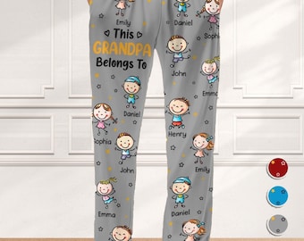 Denna morfar pappa tillhör familjen, personliga pyjamasbyxor, anpassade pyjamasbyxor med hundnamn, julklappar till mormor, pappa pappa tillhör