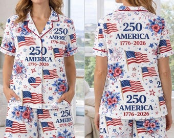 Patriotic Pajama Set Women, 250 Years of Freedom USA Pajamas, 4th of July Sleepwear, Summer Lounge Set, USA 250th Anniversary Pajama Set