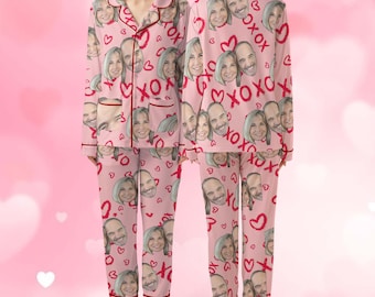 Custom Face Photo Heart Pajama Set, Couple  Lover Pajama, Valentine Day Pajamas, Valentine XOXO Gift, Gift For Him,Her,Valentine Pajamas Set