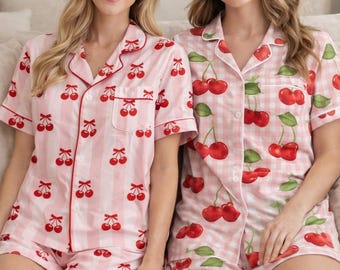 Pyjamaset met zwarte kersenbloesem, schattige zomernachtkleding voor dames, pyjamabroek met knopen en korte mouwen cadeau voor haar