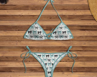 Leuke bikiniset met strikprint, pastelkleurige driehoekige stringbikini, kawaii-badmode, girly badpak, outfit zomer strandvakantie voor vrouwen