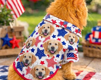 Patriottisch Hawaiiaans shirt voor honden en katten, 4 juli huisdier shirt rood wit blauw, Amerikaanse vlag Aloha huisdier outfit, patriottische huisdier shirt gezicht hond
