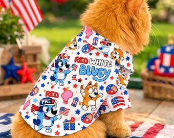 Patriottisch Hawaiiaans shirt voor honden en katten, 4 juli huisdier shirt rood wit blauw, Amerikaanse vlag Aloha huisdier outfit, Independence Day huisdier geschenken
