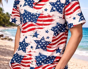 Patriotic American Flag Hawaiian Shirt, 4th of July Button Up Shirt for Men, USA Stars Stripes Summer Beach Shirt, Independence Day Outfit