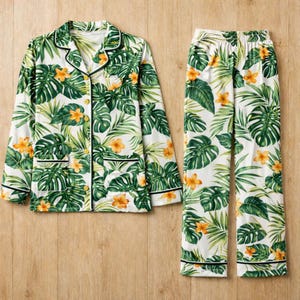 Tropical Pajama Set for Women, Flamingo Pineapple Floral Sleepwear, Short Sleeve Button Down Cute Summer Loungewear Pajamas image 6