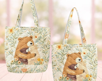 Personalized Mama Bear Tote Bag with Kids Names, Custom Family Bear Bag, Gift for Mom Grandma Nana, Floral Tote, Mother’s Day Gift