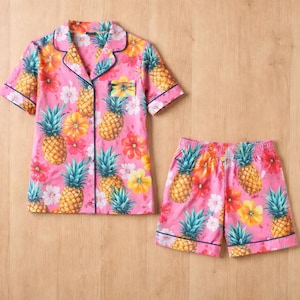 Tropical Pajama Set for Women, Flamingo Pineapple Floral Sleepwear, Short Sleeve Button Down Cute Summer Loungewear Pajamas image 2