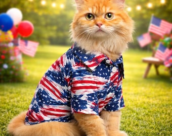 Patriottisch Hawaiiaans shirt voor honden en katten, 4 juli huisdier shirt rood wit blauw, Amerikaanse vlag Aloha huisdier outfit, Independence Day huisdier kleding