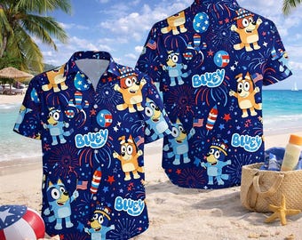 Hawaiiaans shirt patriottische hond, 4 juli button-up shirt voor mannen, USA Stars Stripes zomer strand shirt, Independence Day outfit