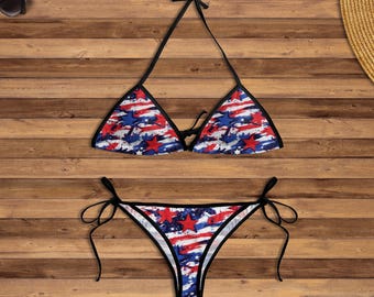 Bikiniset met patriottische ster, rood wit blauw badpak, tweedelig tweedelig badpak met Amerikaanse vlag, strandkleding VS, zomerstrandkleding dames