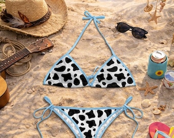 Bikiniset met koeprint, stringbikini met roze bies, badpak met schattige dierenprint, driehoekig topje met strikband aan de zijkant, zomerstrandbadmode dames