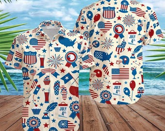 Patriottisch Hawaiiaans shirt, 4 juli Aloha shirt VS vlag, 250e verjaardag Amerika button-up, Independence Day zomer strandshirt