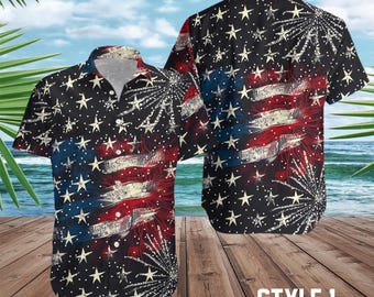 4th of July Hawaiian Shirt, Patriotic USA Shirt, American Flag Fireworks Shirt, Independence Day Outfit, Red White Blue Shirt for Men