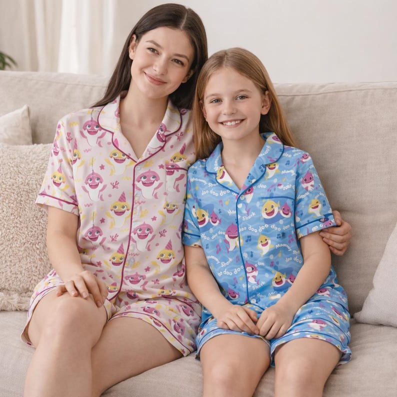 Baby Shark familjepyjamas, matchande pyjamasset för mamma och dotter, söta barnsömnar, mamma och jag nattkläder present bild 2