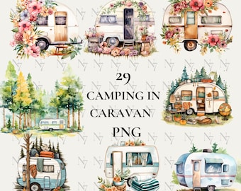 Camping en Caravan Clipart / 29 Archivos PNG de imágenes prediseñadas de caravana de acuarela de alta resolución para diario basura y scrapbooking / Descarga instantánea