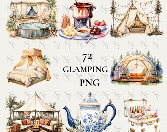Glamping PNG / 72 Archivos transparentes de imágenes prediseñadas de Glamping de acuarela de alta resolución para diario basura y scrapbooking / Descarga instantánea