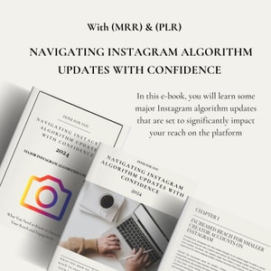 Może przedstawiać: Biało-czarna okładka e-booka z tytułem "Navigating Instagram Algorithm Updates with Confidence 2024" i zdjęciem laptopa z ręką trzymającą długopis nad klawiaturą. Tekst "Done for You" pojawia się w prawym górnym rogu okładki.
