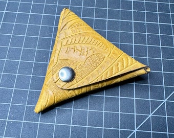 hand made leather coin pouch in embossed yellow 3.75” triangle