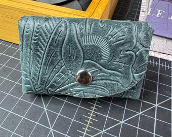 Handcrafted double stacked leather card holder wallet business green embossed