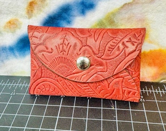 Red embossed Leather-Hold Everything Pouch, Card Holder, works 4 Coins