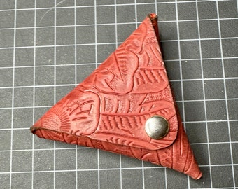 hand made leather coin pouch in embossed red 3.75” triangle
